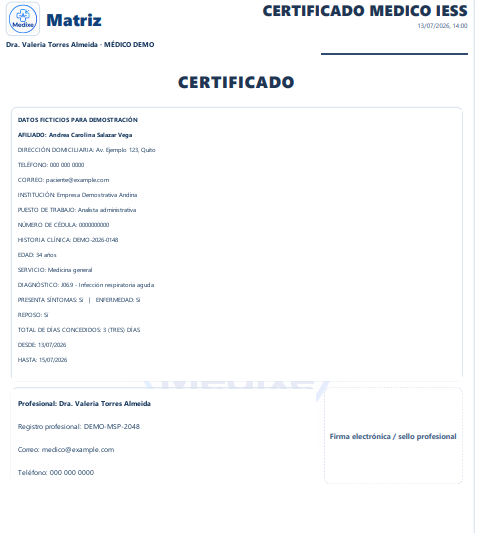 Certificado generado desde una atención clínica en MEDIXE